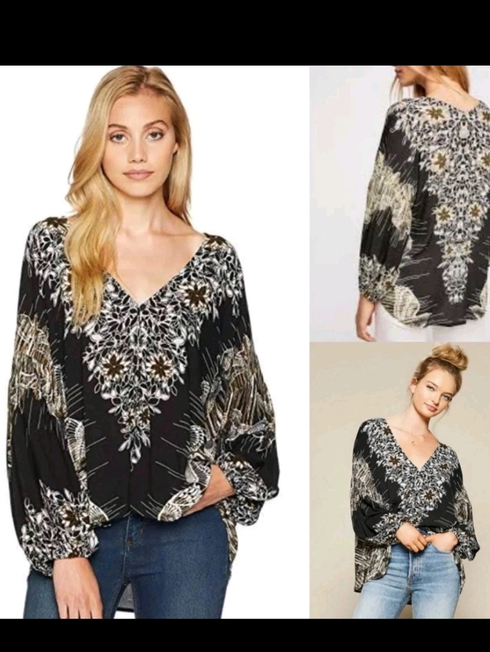 Free People Birds of a Feather Peasant Top Blk XS